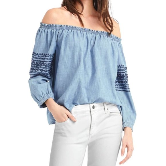 GAP Tops - GAP 1969 Chambray Embroidered Off The Shoulder Top